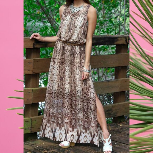 Moda Dresses & Skirts - Women's Brown Snake print A-Line Maxi Dress Boho Chic Dress size S/M and L/X-L